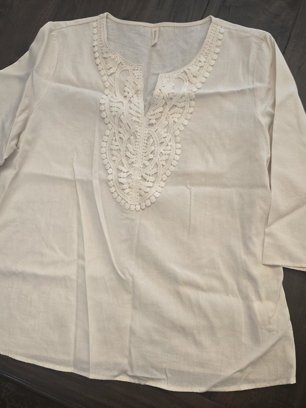 EVALESS Boho V-Neck Lace Embroidered Shirt Measuring At A Large Ivory